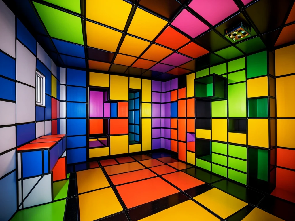 a colorful room with a rubik cube on the floor, puzzle-like room, a rubik's cube, maze like, inspired by Ernő Rubik, entering the mind maze, claustrophobic room, lit. 'the cube', cubic blocks, an escape room in a small, by Alexander Deyneka, by Ernő Rubik