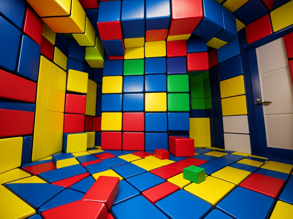 a colorful room with a rubik cube on the floor, puzzle-like room, a rubik's cube, maze like, inspired by Ernő Rubik, entering the mind maze, claustrophobic room, lit. 'the cube', cubic blocks, an escape room in a small, by Alexander Deyneka, by Ernő Rubik