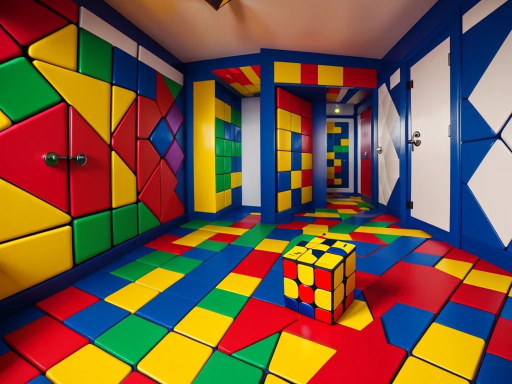 a colorful room with a rubik cube on the floor, puzzle-like room, a rubik's cube, maze like, inspired by Ernő Rubik, entering the mind maze, claustrophobic room, lit. 'the cube', cubic blocks, an escape room in a small, by Alexander Deyneka, by Ernő Rubik