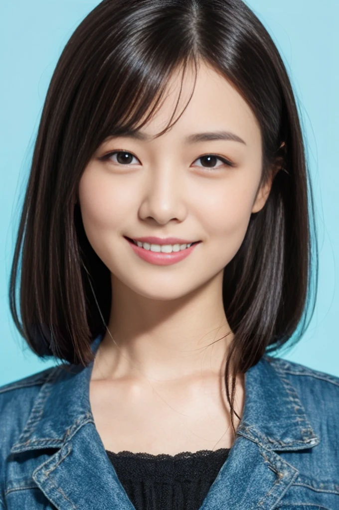 whole body,((Photo for ID、Face only))、(Uniform jacket、Detailed bra、Black Hair、True Face)、Cute Japanese Woman、18-year-old、Young girl、Light Blue Background、Turn your body forward、smile、blank space above head

