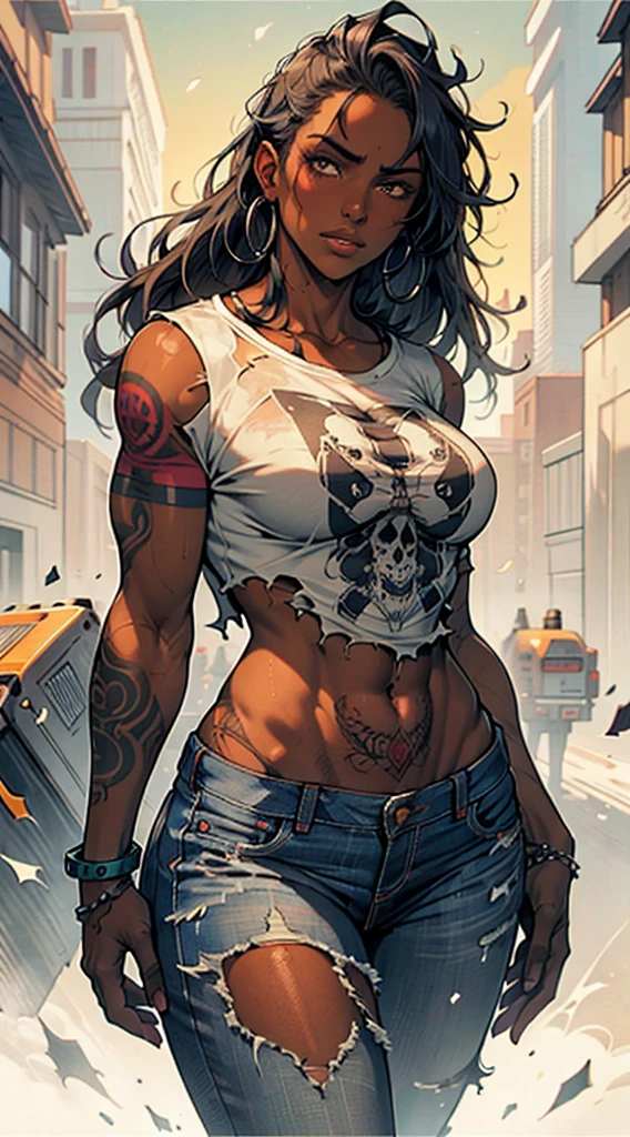 The most beautiful and sexy punk rock girl, cabello color arco iris, ojos amarillos, dark skin, usar una sudadera con capucha, Graphic T-shirt and torn skinny jeans, toneladas de tatuajes y piercings, Obra maestra perfecta, alta calidad, High resolution