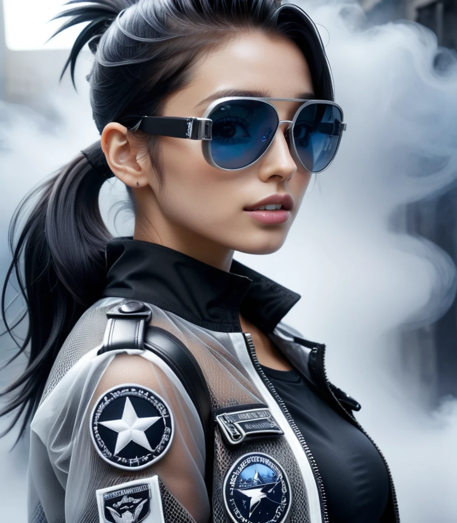 (nsfw), masterpiece, Best Quality, Realistic, Create an image of a young woman embodying futuristic fashion art. The scene should have the highest quality and realism, featuring an Instagram model named April. She should be shown in a full-body, wide-angle shot, standing confidently with a full body in the frame. She has an ultra-slim waist, medium firm breasts, a medium-sized buttocks, and beautiful sexy legs, showcasing sculptural beauty. Her skin is white and silky, with a thin neck and small head.
April is dressed in a striking white and black military print bodysuit paired with a sleek black leather belt with a futuristic metallic buckle and low-rise black leather shorts with zipper accents. She wears a sheer black mesh bomber jacket adorned with white and black military patches, and chunky black combat boots with silver hardware. Her look is fierce and bold, complemented by black fingerless gloves with white LED lights and high-tech accessories. She also sports a white and black camouflage print bucket hat and oversized black sunglasses with reflective lenses, adding an edgy attitude.
Her outfit is completed with a white and black military print backpack with multiple compartments, merging functionality with style. Her hair is styled in a sleek high ponytail with black and white ribbon accents, reflecting a futuristic hairstyle. April walks with a confident stride, exuding a hint of rebellion, embodying the essence of future street-chic fashion. She stands in a setting of concrete, fog, and mist, surrounded by realistic black shadows. Her face is detailed, cute, and slim, with a happy expression, duck mouth, perfect teeth, gray hair, and shiny blue eyes, looking directly at the viewer.