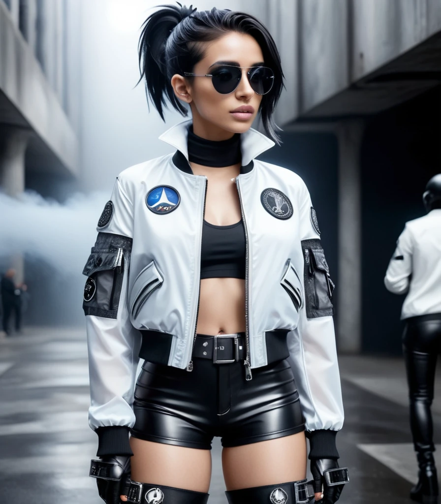 (nsfw), masterpiece, Best Quality, Realistic, Create an image of a young woman embodying futuristic fashion art. The scene should have the highest quality and realism, featuring an Instagram model named April. She should be shown in a full-body, wide-angle shot, standing confidently with a full body in the frame. She has an ultra-slim waist, medium firm breasts, a medium-sized buttocks, and beautiful sexy legs, showcasing sculptural beauty. Her skin is white and silky, with a thin neck and small head.

April is dressed in a striking white and black military print bodysuit paired with a sleek black leather belt with a futuristic metallic buckle and low-rise black leather shorts with zipper accents. She wears a sheer black mesh bomber jacket adorned with white and black military patches, and chunky black combat boots with silver hardware. Her look is fierce and bold, complemented by black fingerless gloves with white LED lights and high-tech accessories. She also sports a white and black camouflage print bucket hat and oversized black sunglasses with reflective lenses, adding an edgy attitude.

Her outfit is completed with a white and black military print backpack with multiple compartments, merging functionality with style. Her hair is styled in a sleek high ponytail with black and white ribbon accents, reflecting a futuristic hairstyle. April walks with a confident stride, exuding a hint of rebellion, embodying the essence of future street-chic fashion. She stands in a setting of concrete, fog, and mist, surrounded by realistic black shadows. Her face is detailed, cute, and slim, with a happy expression, duck mouth, perfect teeth, gray hair, and shiny blue eyes, looking directly at the viewer.