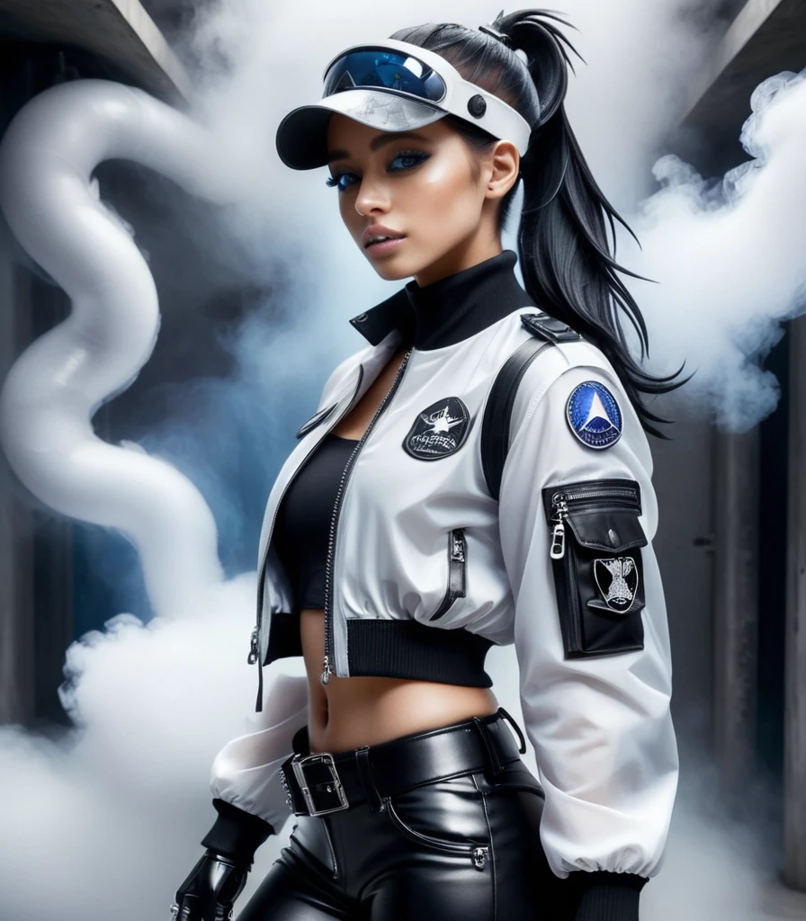 (nsfw), masterpiece, Best Quality, Realistic, Create an image of a young woman embodying futuristic fashion art. The scene should have the highest quality and realism, featuring an Instagram model named April. She should be shown in a full-body, wide-angle shot, standing confidently with a full body in the frame. She has an ultra-slim waist, medium firm breasts, a medium-sized buttocks, and beautiful sexy legs, showcasing sculptural beauty. Her skin is white and silky, with a thin neck and small head.
April is dressed in a striking white and black military print bodysuit paired with a sleek black leather belt with a futuristic metallic buckle and low-rise black leather shorts with zipper accents. She wears a sheer black mesh bomber jacket adorned with white and black military patches, and chunky black combat boots with silver hardware. Her look is fierce and bold, complemented by black fingerless gloves with white LED lights and high-tech accessories. She also sports a white and black camouflage print bucket hat and oversized black sunglasses with reflective lenses, adding an edgy attitude.
Her outfit is completed with a white and black military print backpack with multiple compartments, merging functionality with style. Her hair is styled in a sleek high ponytail with black and white ribbon accents, reflecting a futuristic hairstyle. April walks with a confident stride, exuding a hint of rebellion, embodying the essence of future street-chic fashion. She stands in a setting of concrete, fog, and mist, surrounded by realistic black shadows. Her face is detailed, cute, and slim, with a happy expression, duck mouth, perfect teeth, gray hair, and shiny blue eyes, looking directly at the viewer.
