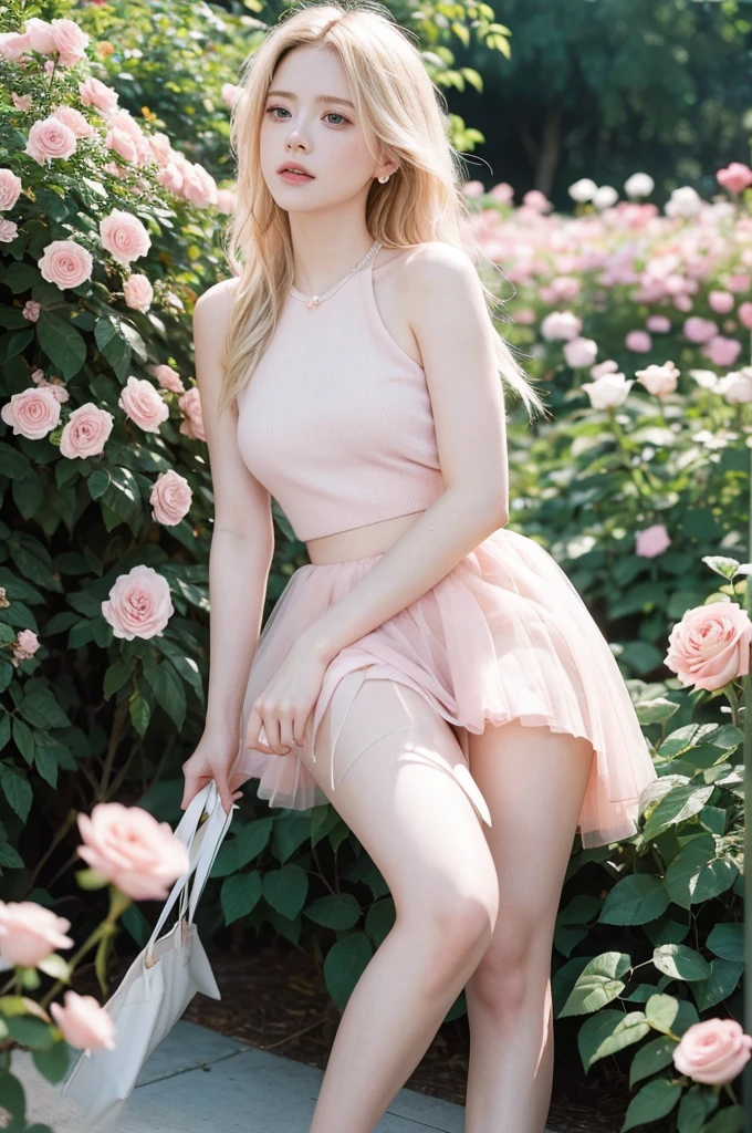 8K, RAW photos, Fujifilm, Fashion photo of a beautiful young woman Avril Lavigne in a light pink rose garden (Very delicate skin: 1.2) Style - Petal BREAK Short Hair, Blonde, wearing a skirt, Film granulation, 35 mm, Cute style