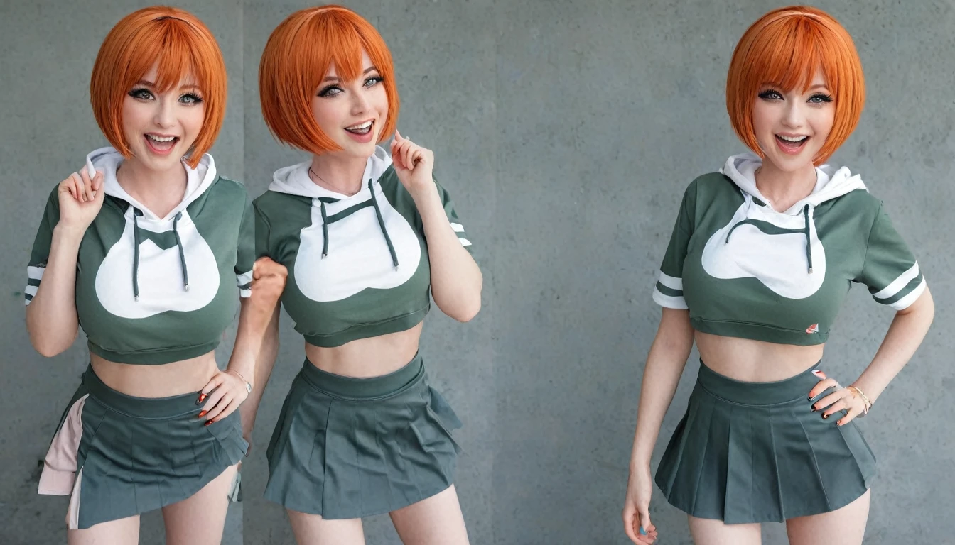 1girl, bangs, blush, breasts, burger, open mouth, collarbone, dress, facial mark, large breasts, looking at viewer, navel, short hair, smile, solo, thighs, underwear, white pupils, seductive look, orange hair, green hoodie, fully body, standing, (skirt:1.3), high quality, best quality, masterpiece, best rendering,large breasts can be seen