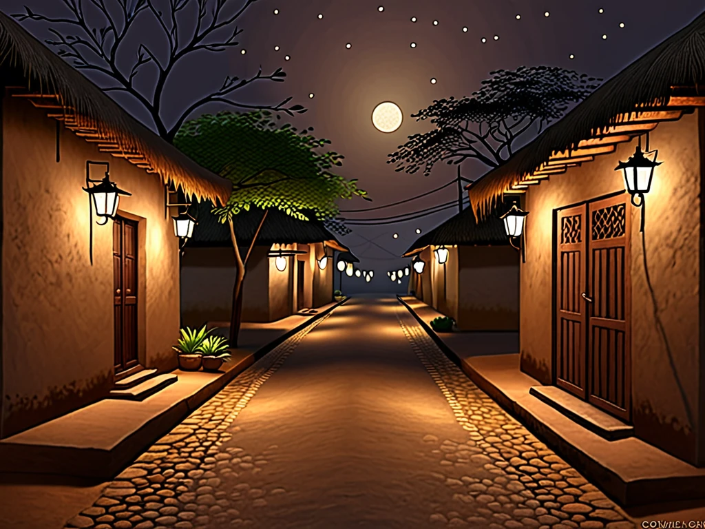 Create a digital artwork of a narrow, dimly lit street in a quiet Indian village at night. The scene should capture a serene yet slightly eerie atmosphere, with traditional houses, clay walls, and thatched roofs illuminated by soft, warm light from lanterns or street lamps. Shadows and subtle details, such as foliage and rustic elements, should enhance the sense of stillness and tranquility in the village.