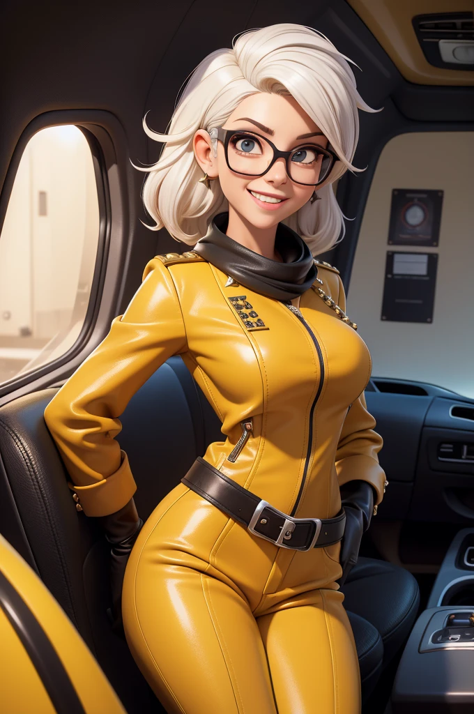 obra prima, melhor qualidade, (lauren boebert 70yo) big side smile, open mouth, licking lips, short bleach white punk hair, black plastic glasses, pilot outfit, business blouse, necktie, (shiny mustard yellow leather,) studs zippers, shiny leather gloves, body is skinny, laying back in car seat, arched back, arm between legs, overhead camera view, looking down at me, shallow depth of field, highres, HD, 8k, anatomically correct