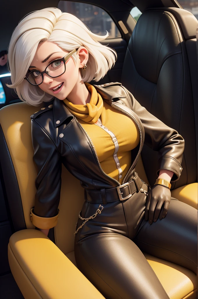 obra prima, melhor qualidade, (lauren boebert 70yo) head back, big side smile, open mouth, short bleach white punk hair, black plastic glasses, pilot outfit, business blouse, leather scarf, (shiny mustard yellow leather,) studs zippers snaps, shiny leather gloves, body is skinny, reclining in car seat, arched back, hips twisted, overhead camera view, looking down at me, shallow depth of field, highres, HD, 8k, anatomically correct