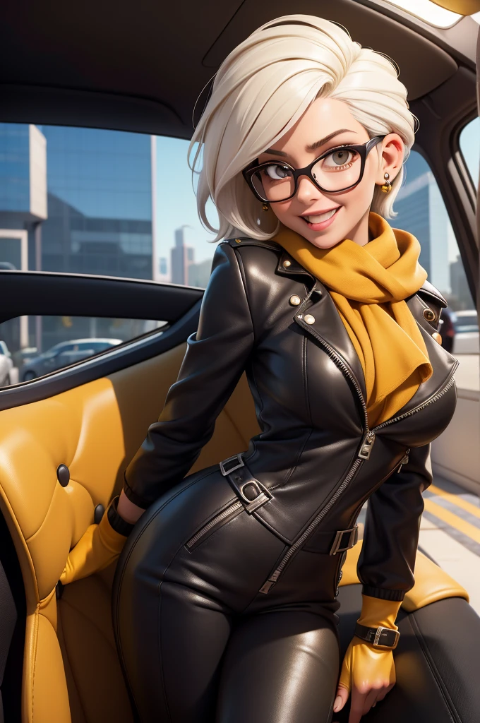 obra prima, melhor qualidade, (kat timpf 70yo) head back, bad girl, big side smile, open mouth, short silver emo hair, black plastic glasses, leather biker jacket, leather chaps with fringe, leather cowboy hat, nipples, (shiny lime green leather,) studs zippers snaps, shiny leather gloves, body is skinny, reclining in car seat, arched back, hips twisted, stick shift, overhead camera view, looking down at me, shallow depth of field, highres, HD, 8k, anatomically correct