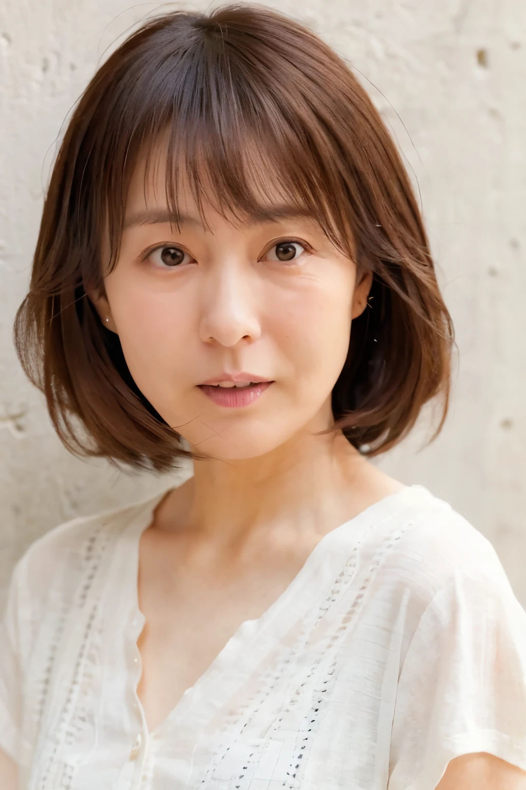 A thin Japanese woman in her 40s, Good wife, Cute Face, Detailed face, fine grain, Neat, Short sleeve white shirt, early summer, Fine weather, sunny, Photographed in front of a white wall, Portraiture、Photographed in natural light、Tabletop、cardigan、profile、Fluffy hair