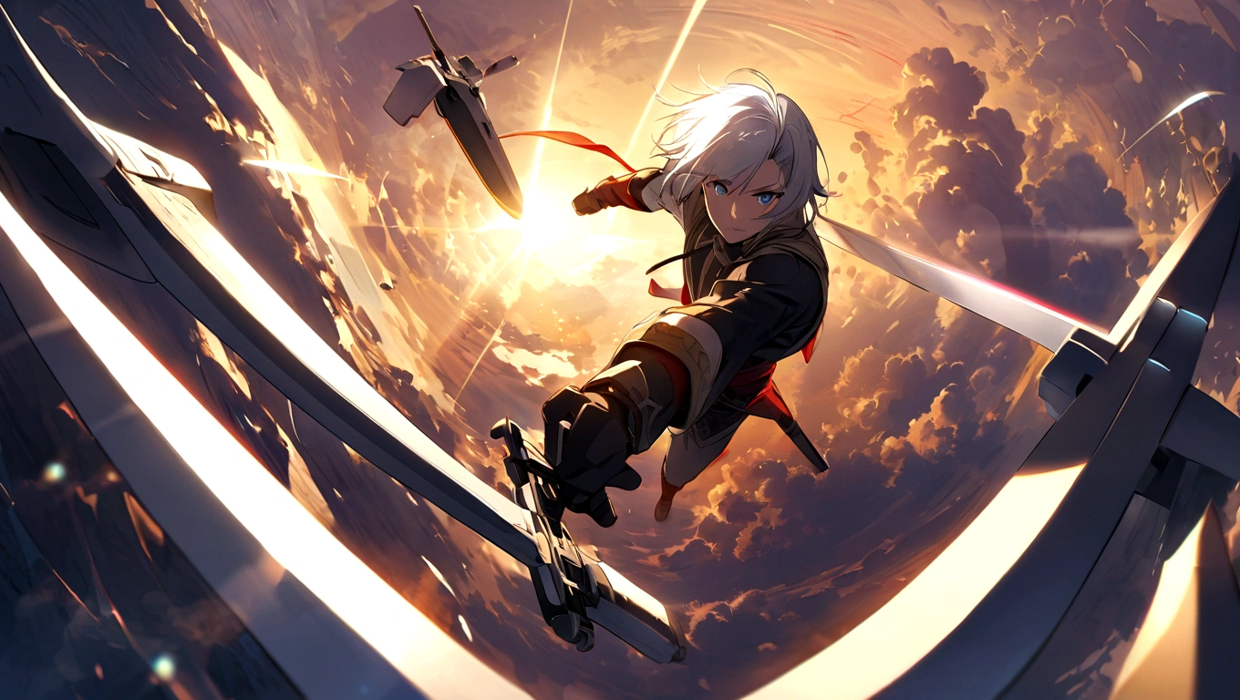 kai a young strong looking warrior medium black hair aged 24 training with his sword in the earlt morning at the sun raise time with his old aged master age 50 with the white hair drone shot view