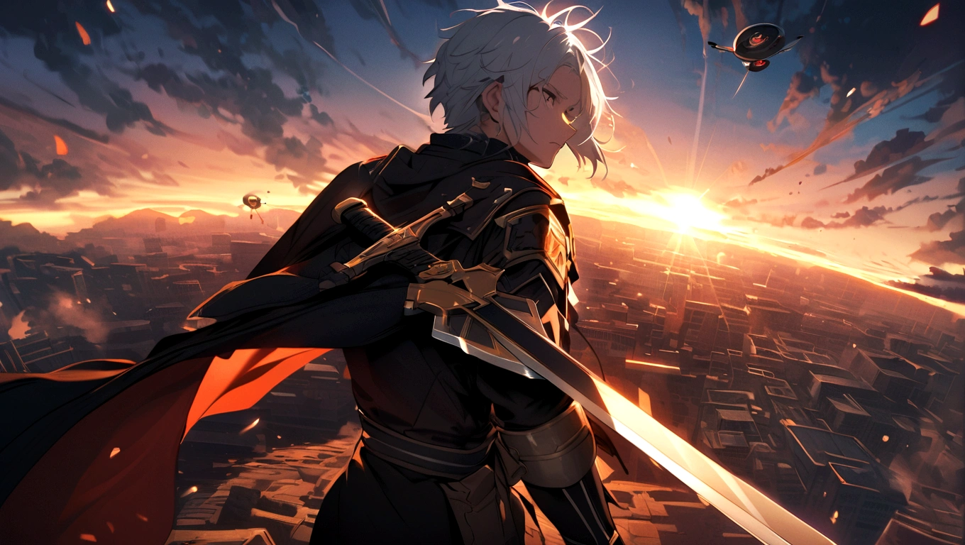kai a young strong looking warrior medium black hair aged 24 training with his sword in the earlt morning at the sun raise time with his old aged master age 50 with the white hair drone shot view