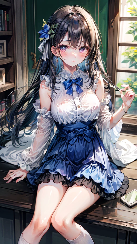 (Best quality, 8k, 32k, Masterpiece, UHD,:1.2),RAW, human, 1girl,ultra cute , ultra cute, natural lighting,transparent shining eyes, 20yo,medium breast ,femur, fair complexion , flushed face, a knee-length, lavender full skirted dress featuring a delicate floral print , BREAK, Layer with a ruffled petticoat