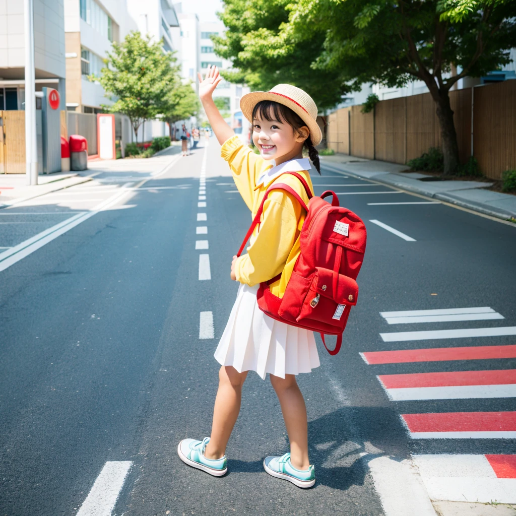 (8k),(masterpiece),(Japanese),(),((Innocent look)),((Childish)),From the front and above,smile,cute,Innocent,Kind eyes,without clothes,Short sleeve,Blue checked short skirt,(Carrying a red backpack),semi-long,Hair blowing in the wind,Black Hair,Somewhat strong wind,noon,bright