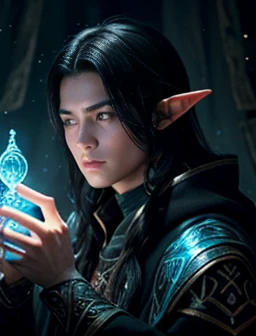 A male elf from Arafed with long black hair and a blue cloak., Portrait of Finn Wildcloak, The intricate runes inscribed on the magic ring shimmer and glow like ghosts., This breathtaking portrait, See every intricate detail in stunning clarity. The magician's robes shine with iridescent threads., A captivating glow radiates from the canvas.. a portrait of Male Elf, Portrait of a slender elven man, Beautiful male elf, Male Elf, Male Half-Elf, Character art by Charlie Bowter, Elf Men, Young half-elven wizard, Inspired by Chris from Deltarune