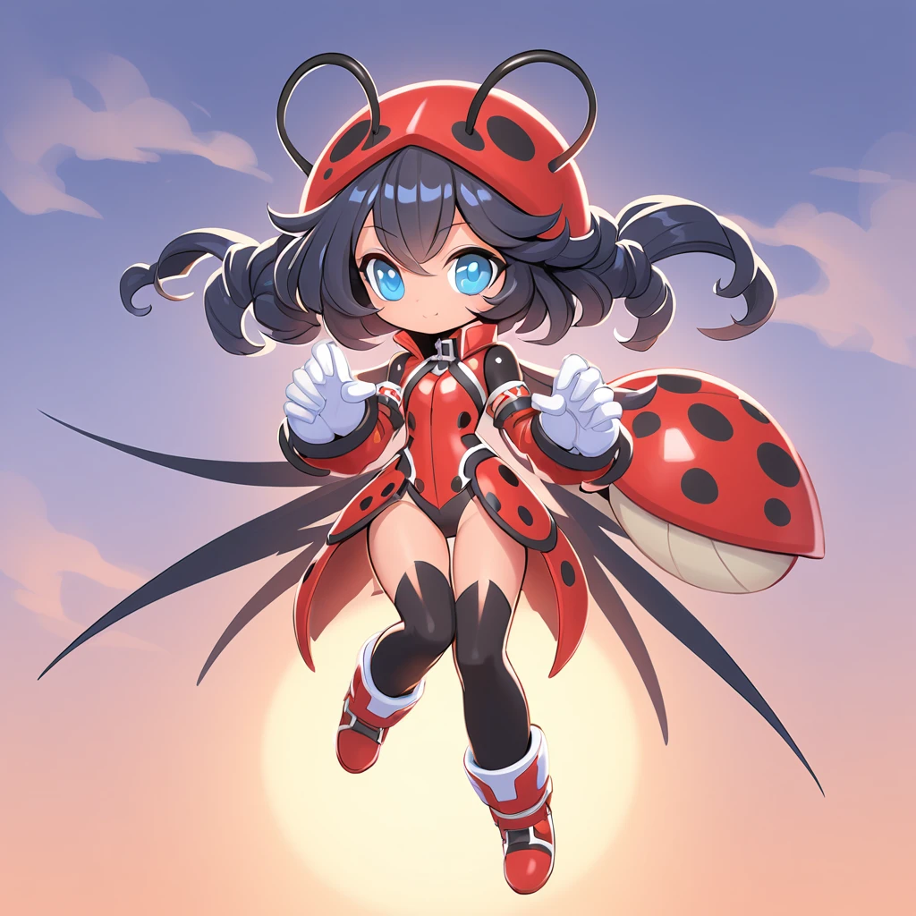 Ladybug monster girl red shell with black spots ladybug wings long black antennae Finger Wave hair style big blue eyes yellow fighting outfit with black sleeves and white gloves at dawn