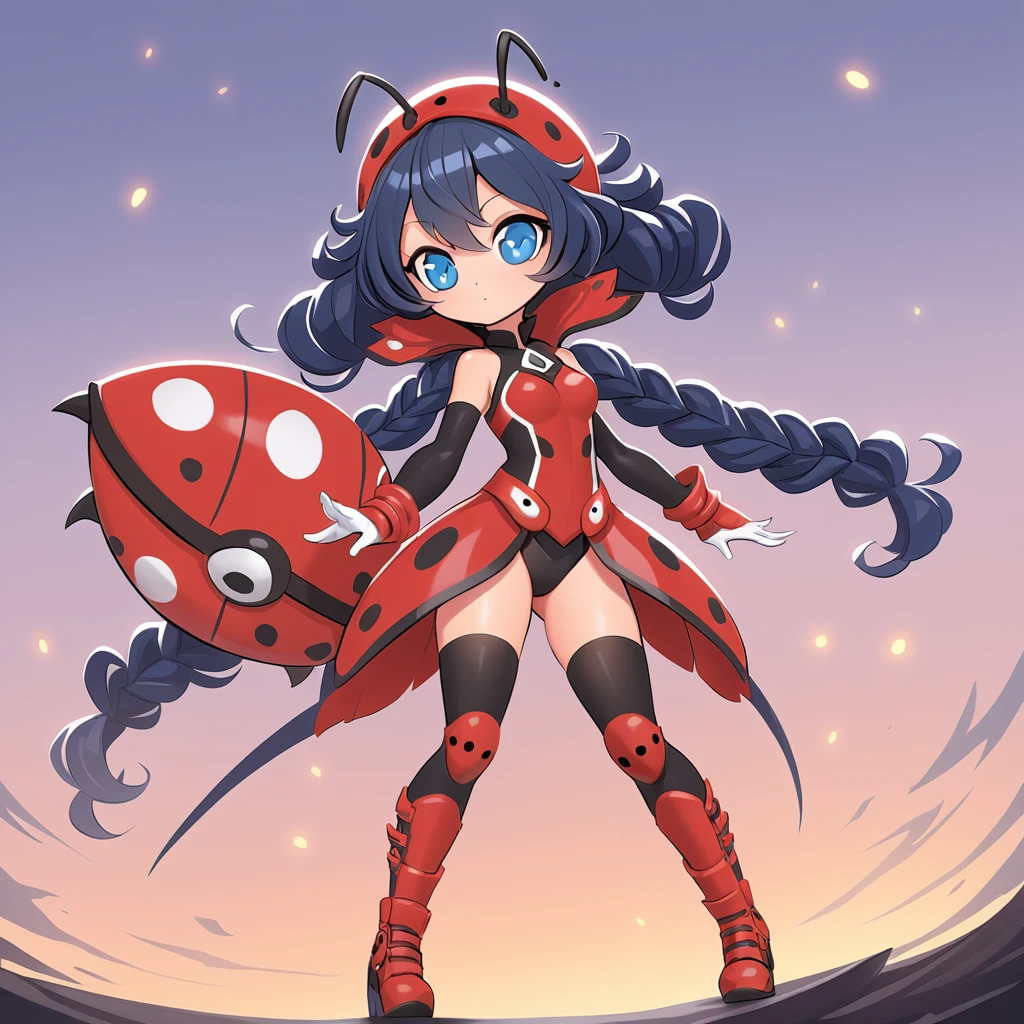 Ladybug monster girl red shell with black spots ladybug wings long black antennae Finger Wave hair style big blue eyes yellow fighting outfit with black sleeves and white gloves  at dawn
