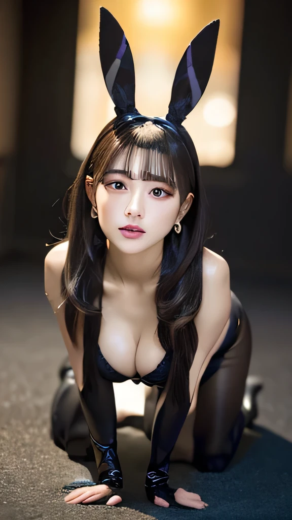 (Perfect anatomy without destruction:1.3),(Accurate and detailed beautiful eyes,lustrous eyes),super detailed face, highly detailed lips, fine eyes, double eyelids, ①Quality：(ultra detailed:0.8), (Perfect hands:1.3), (Perfect Anatomy:1.3), (1girl:1.3),(master piece:1.3),(best quality:1.3), detailed,8k,intricate details, deformed face, ugly, bad face, deformed eyes, bad anatomy part ②:ultra-detailed face,beautiful detailed eyes,detailed skin, detailed face, ＜Character Appearance、Prompts such as background＞ ③Environment：casino,roulette table,chandelie,poker tips ④The subject：(aamadoka:1.3), ⑤th：high resolution,beautiful detailed eyes, cute eyes, sparkling pupils, Intricate Iris Details, Captivating Eye Reflections, Sparkling Highlights in the Eyes, Depth and Dimension in the Pupils, Subtle Color Variations in the Iris, Meticulous Eyelash Details, detailed eyes, ⑥Chest：(large breasts:1.3), (Beautiful breasts:1.0), ⑦Body shape：(slender body type:1.3), Miwaki. (beauty legs:1.3). Seven heads, tight waist, small head, ⑧Skin:detailed skin, Transparency, Brilliant skin, ⑨Hair:shiny hair, hair,bangs, hairclip, short hair, (mole under eye:0.8), BREAK ＜costume＞ ⑩costume:(black pantyhose,:1.3), pantyhose, (playboy bunny:1.3),rabbit ears, black rabbit ears, fake rabbit ears, bowtie, wrist cuffs, black leotard, high heel, earrings, ＜expression、illumination、Other prompts＞ ⑪illumination：brightening light, moody lighting, nature lighting, Best Illumination, ⑫Style:sexy body, animation, illustration, (Bewitching:1.3). ⑬expression：(embarrassed,blush:1.3), (Looking at Viewer:1.3), tear, happy, Face to feel, Love A large amount of milk, waiting for a kiss, ⑭Composition: (full body:1.8), ⑮Action： (crawl on all fours:1.3), (kneel down:1.3),(wearing a black high heels), (wide shot:1.5 )