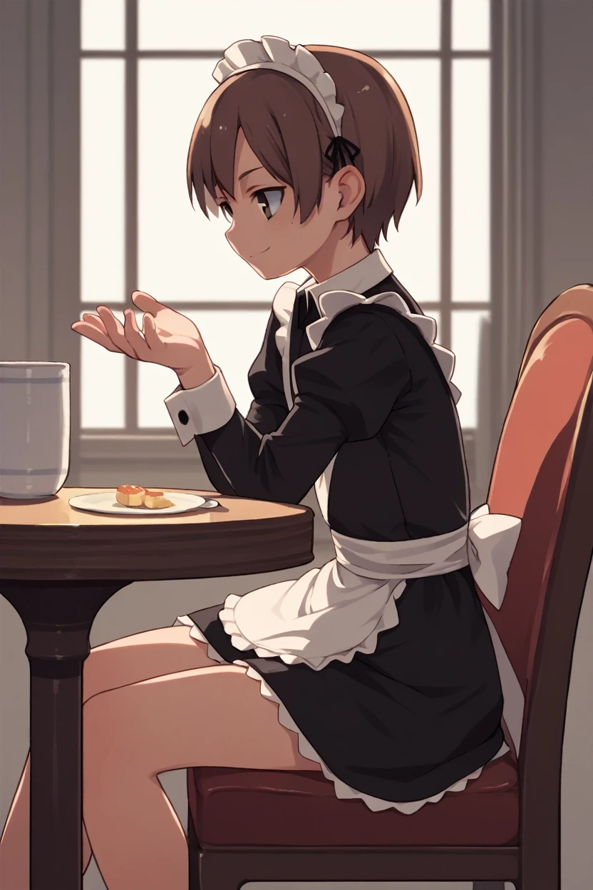 5 fingers, score_9, score_8_up, score_7_up, score_6_up, score_5_up, score_4_up, source_anime, side view, inside, chair, table, living room, female, solo, human, brown hair, short hair, smile, brown eyes, flat chested, sitting, maid uniform, maid headdress, black dress