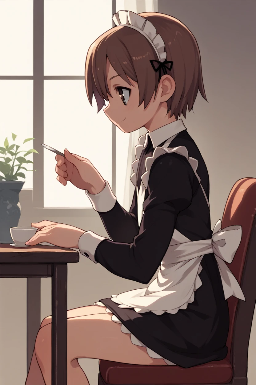 5 fingers, score_9, score_8_up, score_7_up, score_6_up, score_5_up, score_4_up, source_anime, side view, inside, chair, table, living room, female, solo, human, brown hair, short hair, smile, brown eyes, flat chested, sitting, maid uniform, maid headdress, black dress