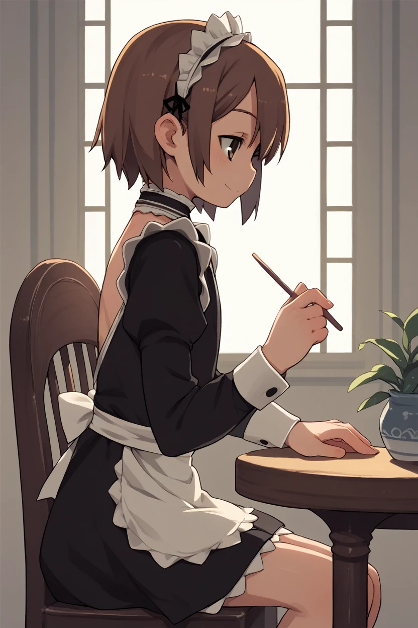 5 fingers, score_9, score_8_up, score_7_up, score_6_up, score_5_up, score_4_up, source_anime, side view, inside, chair, table, living room, female, solo, human, brown hair, short hair, smile, brown eyes, flat chested, sitting, maid uniform, maid headdress, black dress