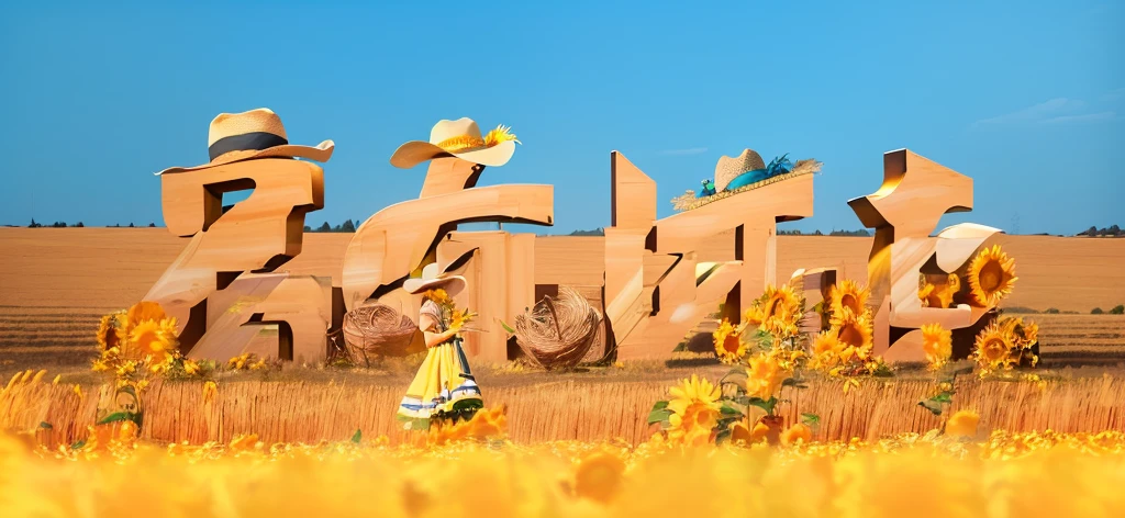 A huge three-dimensional letter "Only Henan" is made of straw, surrounded by sunflowers and cowboy hats on the ground, with yellow grass in the background, creating an overall golden atmosphere. The photo uses a blue sky colour scheme to highlight the autumn elements. This visual effect presents warm tones and creates vibrancy for the outdoor advert. The photography style has a strong contrast between light and dark, showing nature through photography. 
