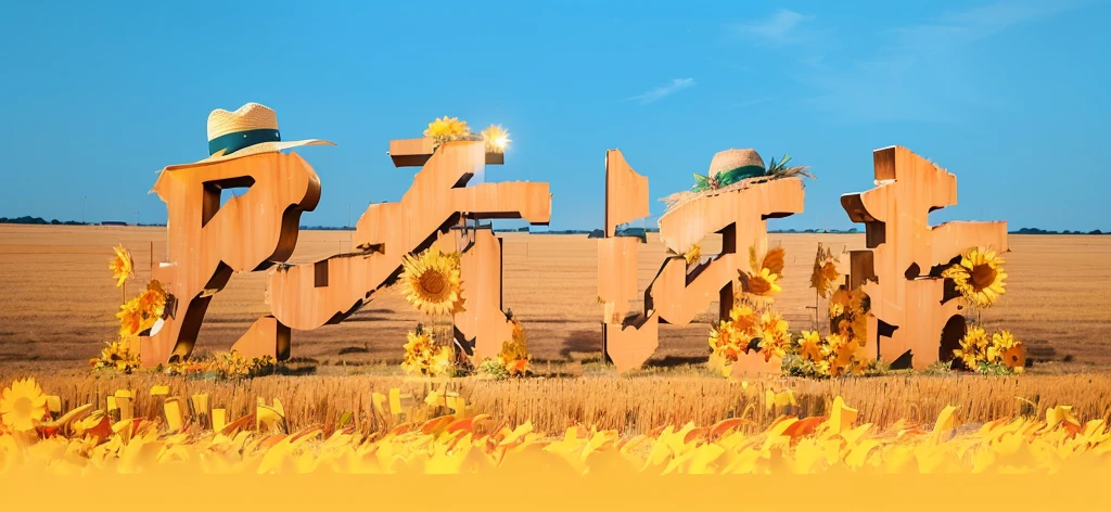 A huge three-dimensional letter "Only Henan" is made of straw, surrounded by sunflowers and cowboy hats on the ground, with yellow grass in the background, creating an overall golden atmosphere. The photo uses a blue sky colour scheme to highlight the autumn elements. This visual effect presents warm tones and creates vibrancy for the outdoor advert. The photography style has a strong contrast between light and dark, showing nature through photography. 
