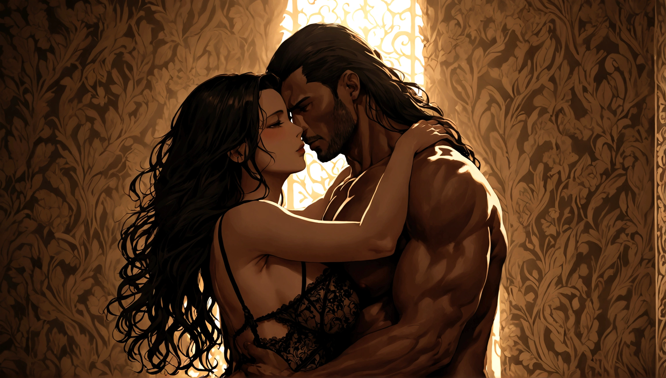 A beautiful woman with long flowing hair, sensual expression, wearing elegant lingerie, embraced passionately by a muscular man, their bodies intertwined, intense intimate connection, dramatic chiaroscuro lighting, cinematic composition, romantic, elegant, ??????.