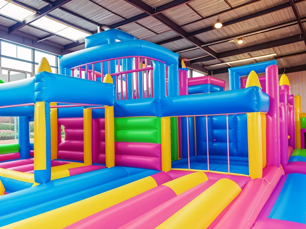 a pastel colorful inflatable bounce castle with a slide, inflatable bouncer castle, inflatable, activity play centre, softplay, bouncing, inflateble shapes, kids place, discovery zone, amusement park interior design, wrestling ring, inflatable landscape with forest, toy room, childhood memory, bounce light, inside elementary school, flying castle, teenager hangout spot, the gates of hell, childhood