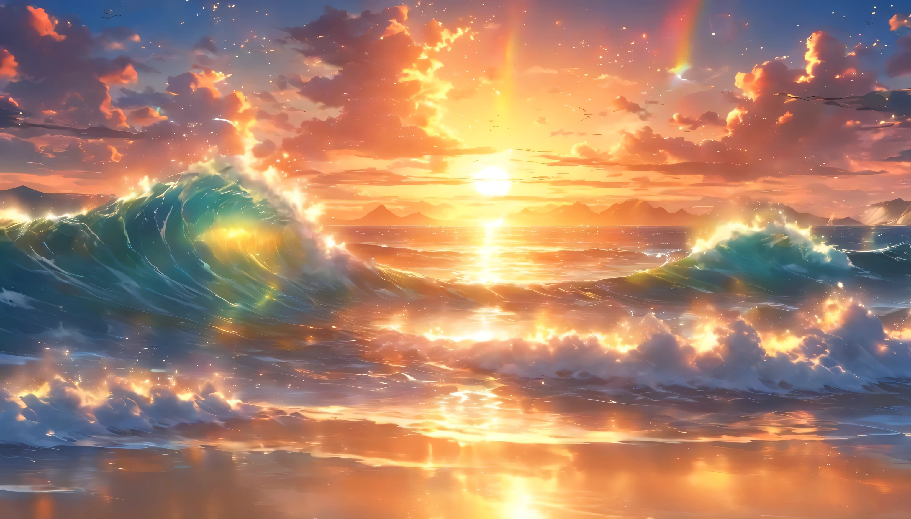 8k,(((Super beautiful summer sea)))、((Spectacular views))、Award-winning works、
(((Reflection in the sea)))、Midsummer、((a lot of water splashes))、Colorful light、((Glows colorful))、Summer beach、((Magnificent sandy beach))、(((beautiful horizon line)))、(((There are many different colors mixed together.)))、((super vivid))、((Rainbow-colored sunset))