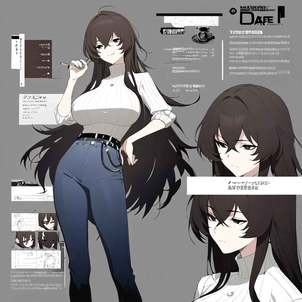 One Woman,Downer,older sister,Concept Art,Dark brown hair,Straight hair with slight inward curls,Staring eyes,Eye Ridge,black eye,Crossed bangs,whole body,smile,Larger breasts,Gray background,Bangs that reach down to the eyes,Messy hair,Perfect dark jeans,Light brown turtleneck sweater,Multiple views of the same character,Character Design,Dark circles under the eyes,Bad look,Listless,Sloppy,accessories,Arknights Wind,Cafe staff,Holding a cigarette,whole bodyCharacter Design,Detailed hands,