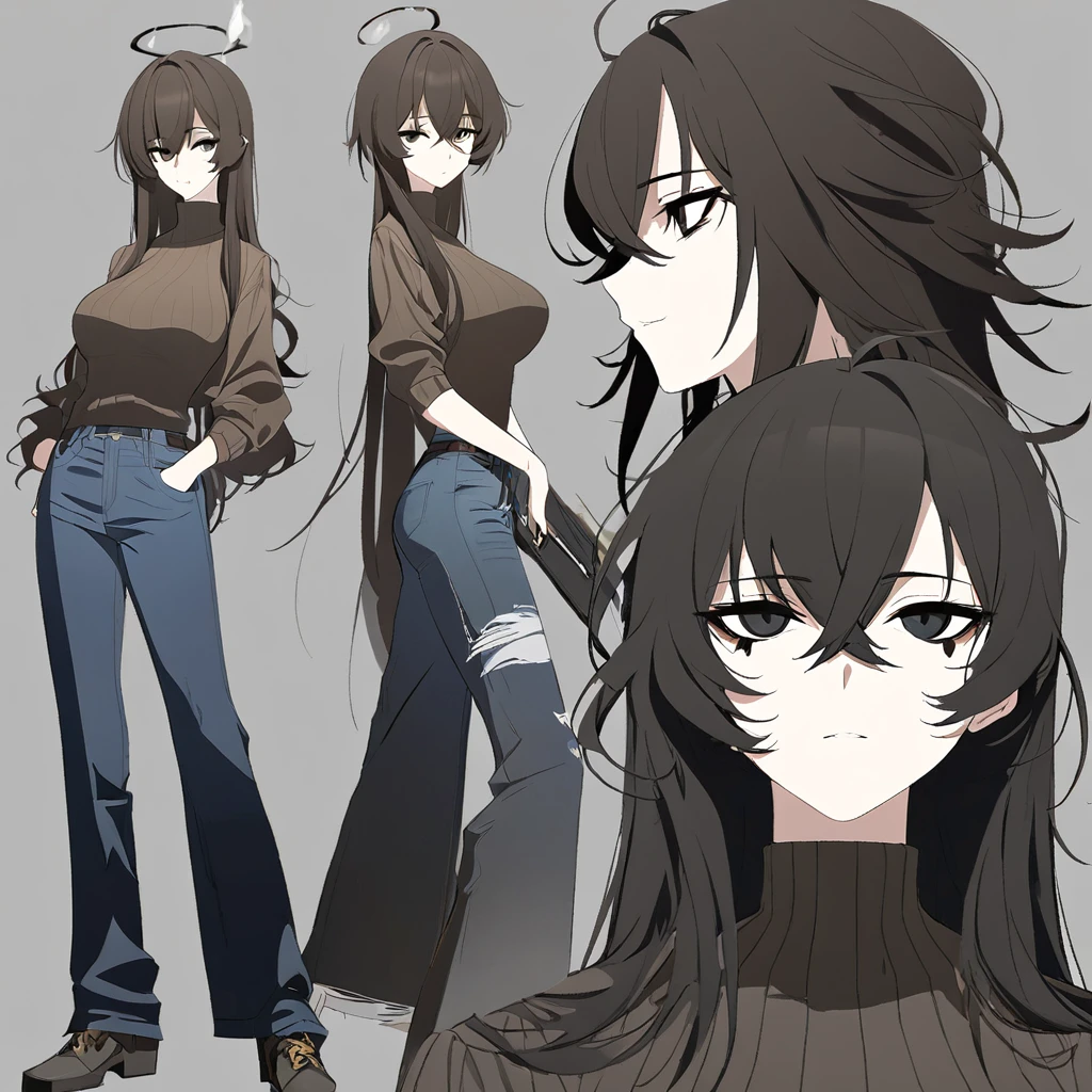 One Woman,Downer,older sister,Concept Art,Dark brown hair,Straight hair with slight inward curls,Staring eyes,Eye Ridge,black eye,Crossed bangs,whole body,smile,Larger breasts,Gray background,Bangs that reach down to the eyes,Messy hair,Perfect dark jeans,Light brown turtleneck sweater,Multiple views of the same character,Character Design,Dark circles under the eyes,Bad look,Listless,Sloppy,accessories,Arknights Wind,Cafe staff,Holding a cigarette,whole bodyCharacter Design,Detailed hands,