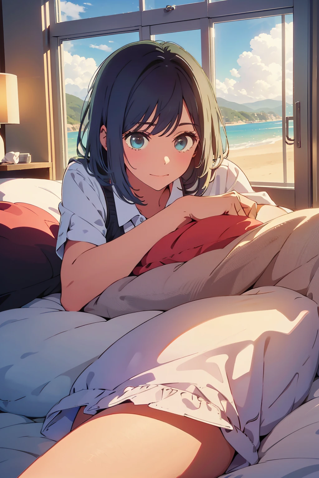 highest quality,8k,detailed,F cup bust、Very cute face、Beautiful thighs、Best Beautiful Legs、Slim and beautiful arms、Slim body、White skin、((((1 person、In underwear、On the bed、Lying in bed with your head on a pillow、looking at the camera、smile、smile、Hotel room))))、The atmosphere is bright and lively、The woman is at the center of the image。