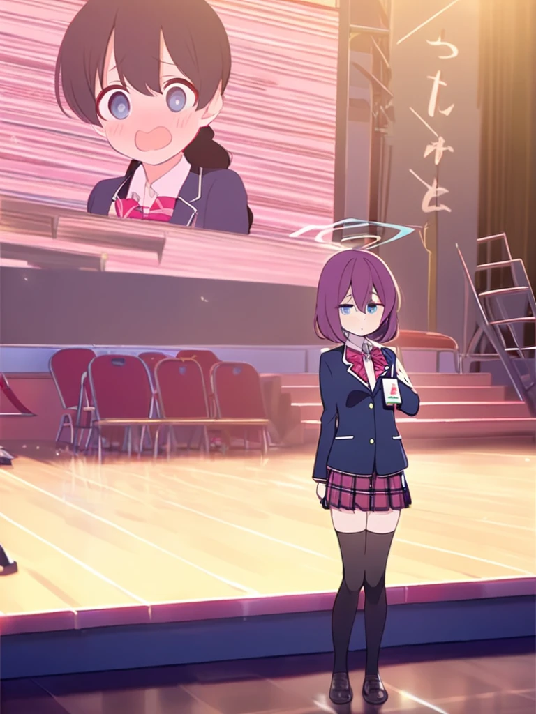 1 personの女の子、1 person、Standing on the school stage、Wearing 、blazer、shirt、skirt、Feeling embarrassed、Dark pink hair、blue eyes