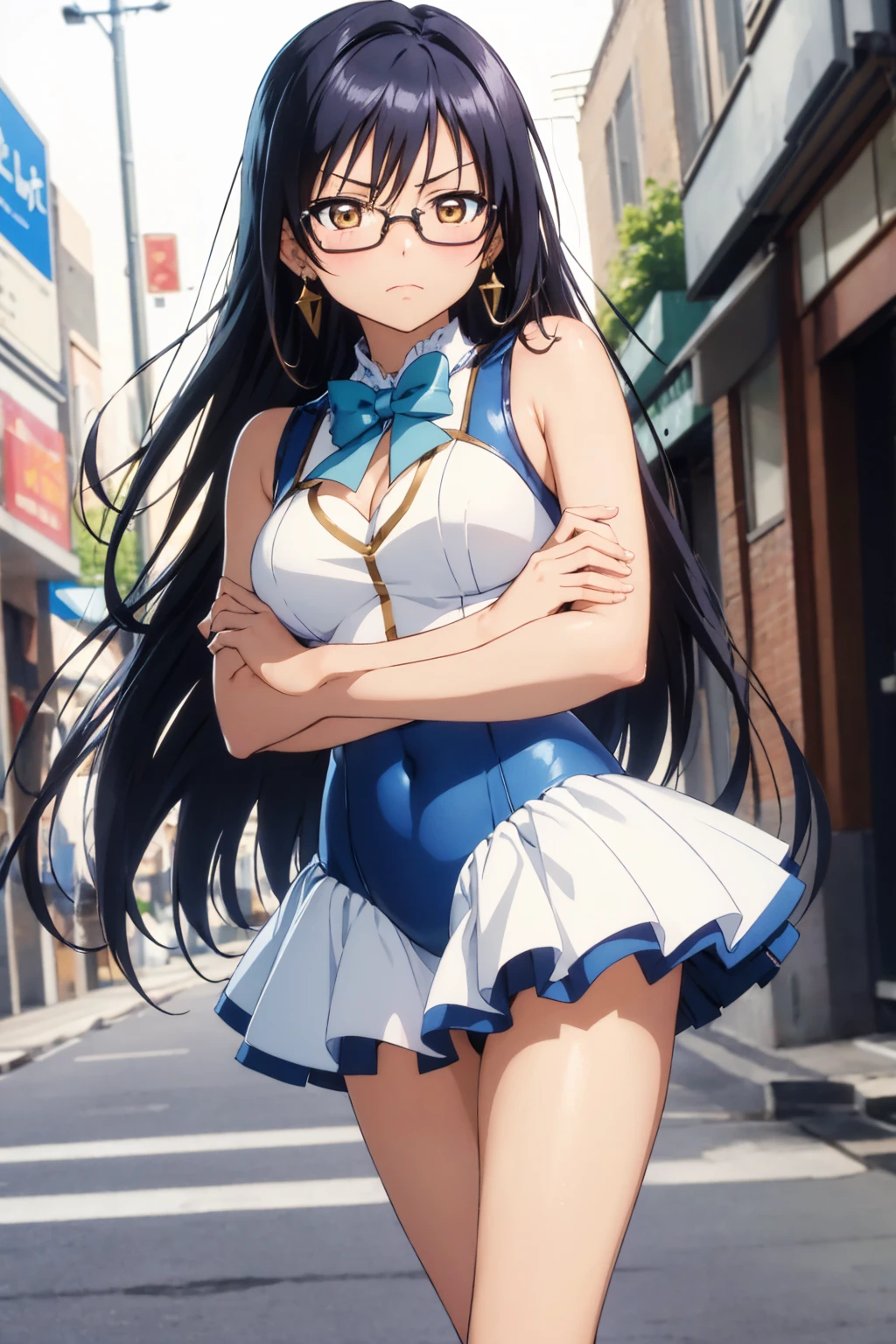 masterpiece, highest quality,(Browsing Caution:1.2),alone, Cowboy Shot,sonoda umi,(White and blue leotard), Magical Girl Glasses, Earrings, Knee socks chest,Outdoor,Day, Arms crossed,Golden Eyes, Embarrassing,(Blushing:1.2)