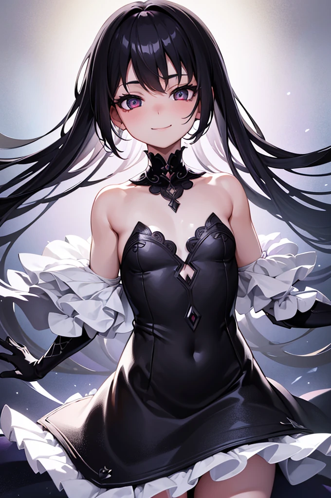 official art, Best Quality, ultra-detailed, high resolution, unity 8k wallpaper, extremely detailed CG, white skin, bitter smile, cute face, 12 years old, cute girl, Beautiful black hair, beautiful eyes, flat chest, small build, minimum, No muscles, gothic, magical girl, little naughty