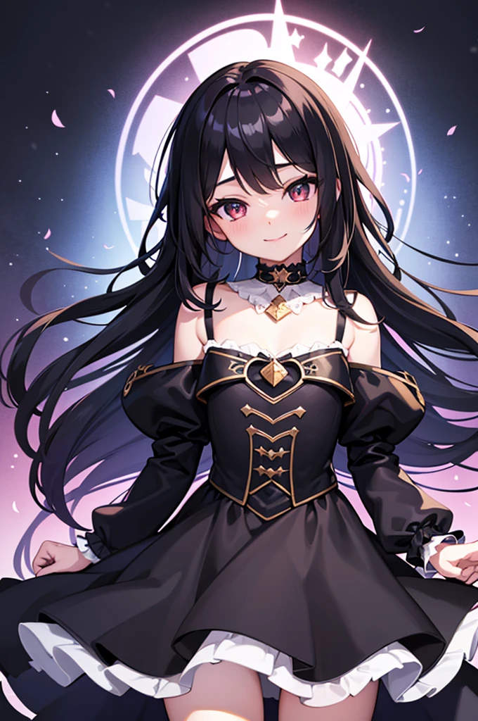 official art, Best Quality, ultra-detailed, high resolution, unity 8k wallpaper, extremely detailed CG, white skin, bitter smile, cute face, 12 years old, cute girl, Beautiful black hair, beautiful eyes, flat chest, small build, minimum, No muscles, gothic, magical girl, little naughty