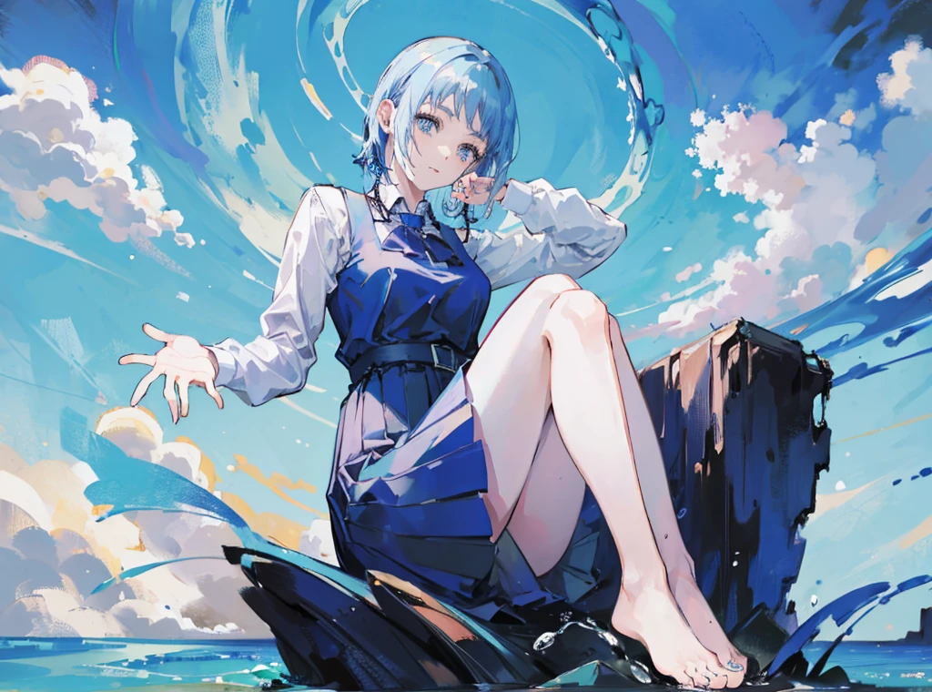 (muste piece), (best quality), very detailed, 1 girl, perfect face, (solo full body shot:1.3), very detailed顔,(Blue-haired ),(blue eyes:1.4) Pose lying in water, Sitting pose on a rock, feet in the water pose, perfect blue water ripples, The sky is blue, the feet are perfect in the water, the face is clear