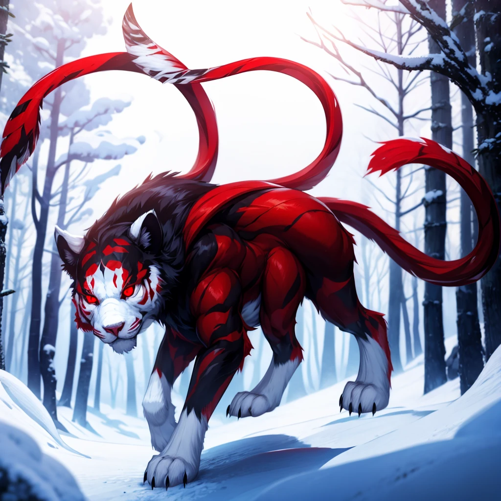 White wool, Red eyes, against the backdrop of a snowy forest