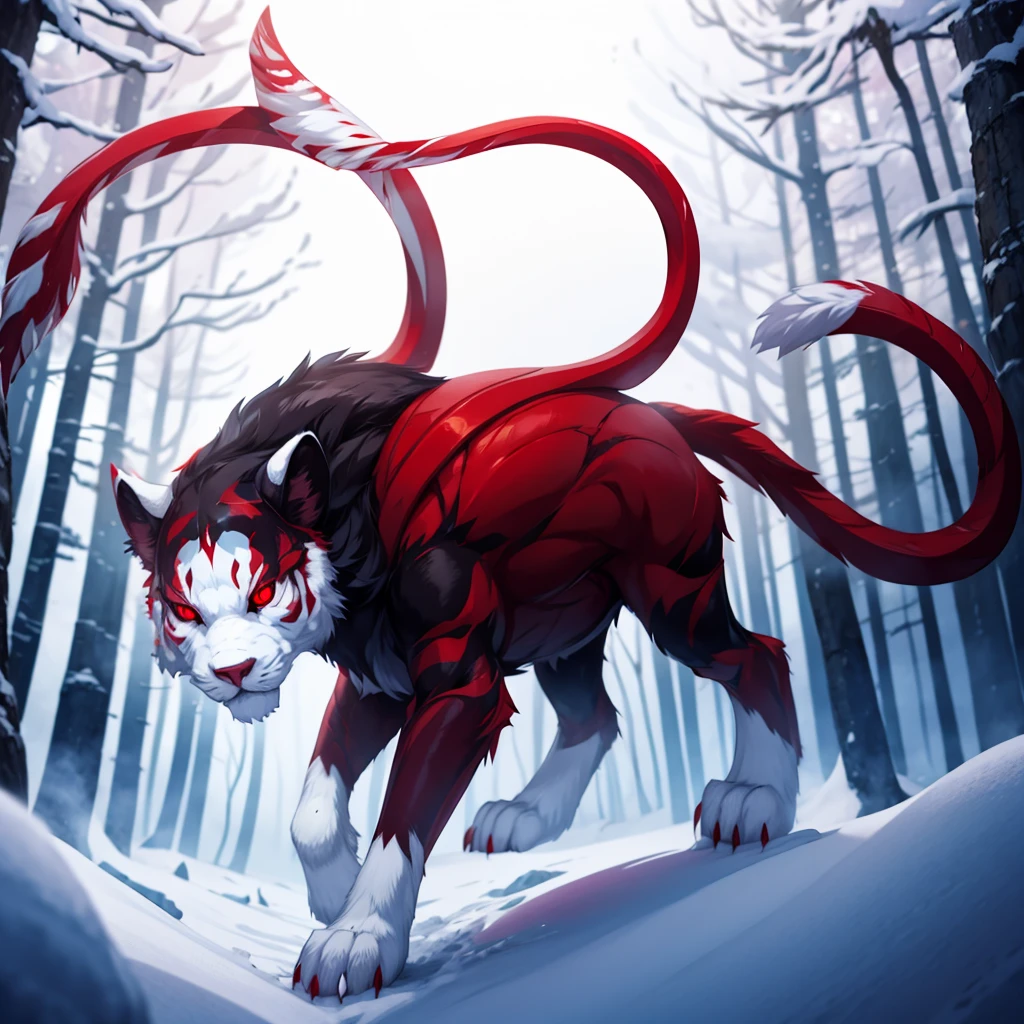 White wool, Red eyes, against the backdrop of a snowy forest
