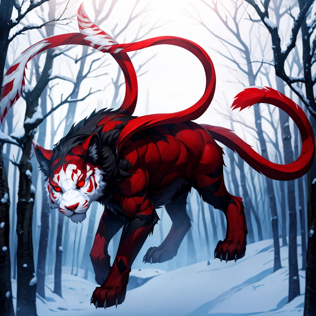White wool, Red eyes, against the backdrop of a snowy forest
