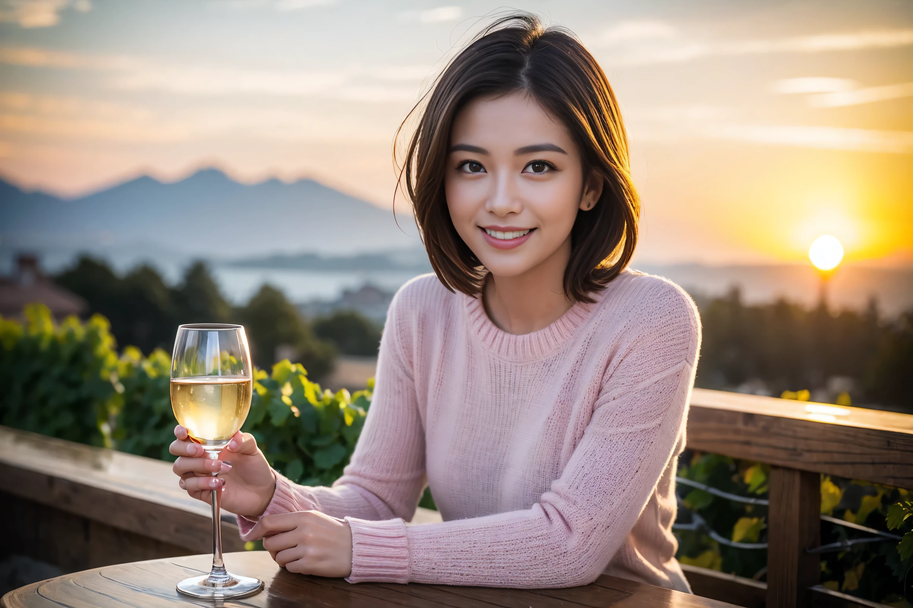 ((highest quality、8k、masterpiece:1.3))、 (Real, Genuine、Face carefully、Bright image、Intricate details:1.2), Best smile、1 male, 1 female、Beautiful couple、Lovers、Japanese couple、A gentle lover、actresodel、smile、full-course dinner、Pink long sweater: 1.1, Super Fine Face, Delicate eyes, double eyelid, smile, (Slim face), (the body is slim), (Brown Hair), (short hair), Wine glass on the table、Please put light on my face、 Amazing view of the sunset sky and clouds、 (42 years old), 39 years old, red wine 、Wine bottle、sparkling wine、Long sleeve shirt、dress、White wine, red wine, wine glass,