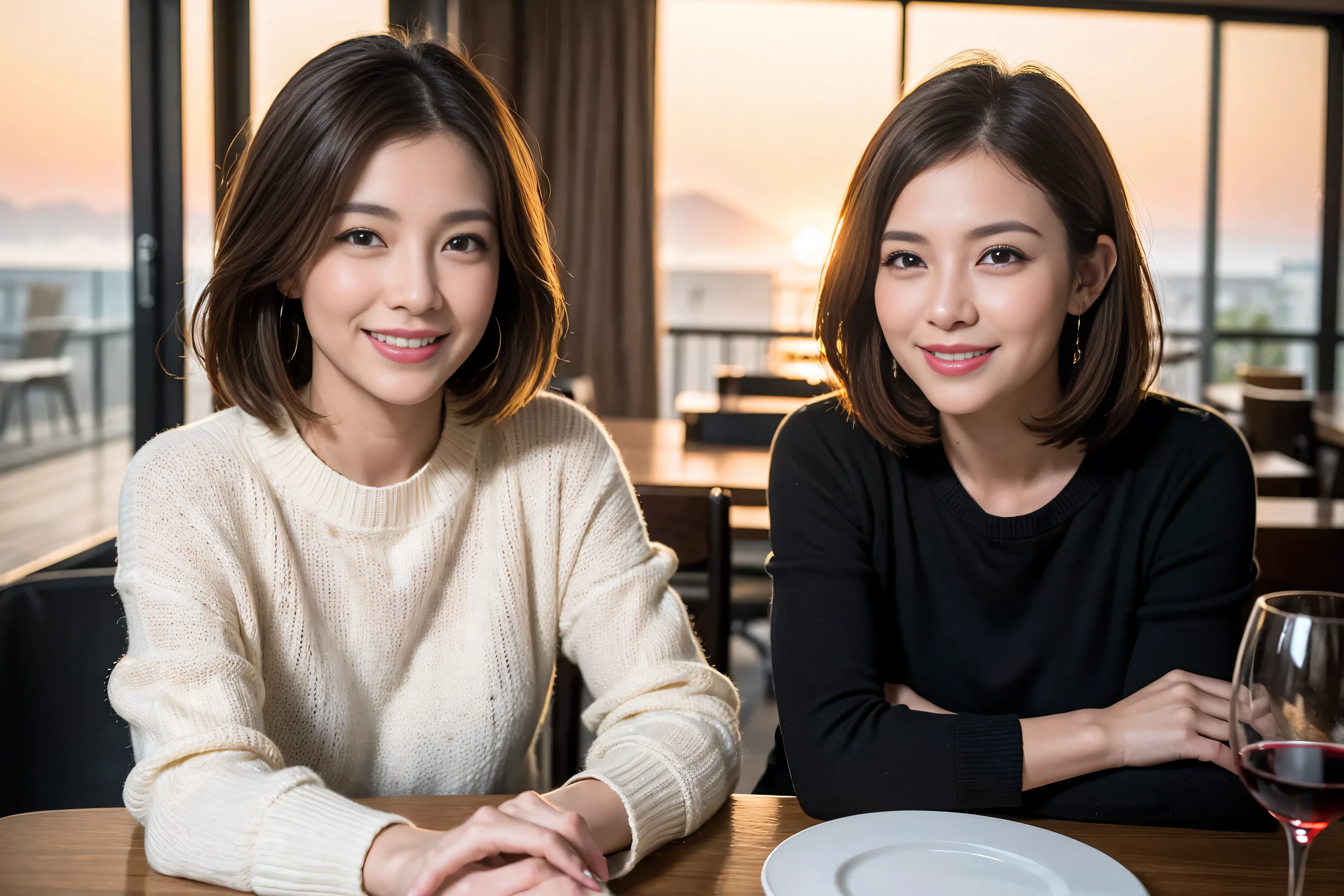 ((highest quality、8k、masterpiece:1.3))、 (Real, Genuine、Face carefully、Bright image、Intricate details:1.2), Best smile、1 male, 1 female、Beautiful couple、Lovers、Japanese couple、A gentle lover、actress、model、smile、full-course dinner、Pink long sweater: 1.1, Super Fine Face, Delicate eyes, double eyelid, smile, (Slim face), (the body is slim), (Brown Hair), (short hair), Wine glass on the table、Please put light on my face、 Amazing view of the sunset sky and clouds、 (42 years old), 39 years old, red wine 、Wine bottle、sparkling wine、Long sleeve shirt、dress、White wine, red wine, wine glass,