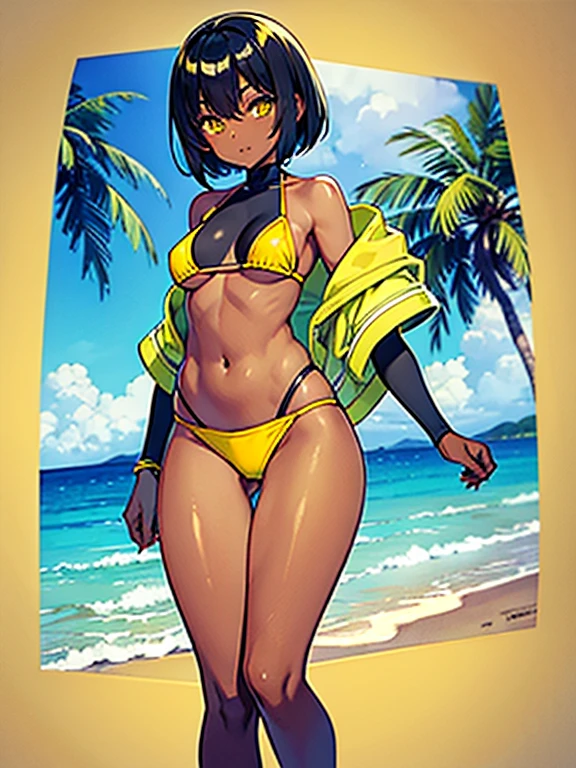 masterpiece, best quality, dark skin, short hair, yellow eyes, black hair, green and yellow bikini, beautiful girl, thin, full body, very plan boobs, very short boobs, very small , big butt, wide thigh, beach background