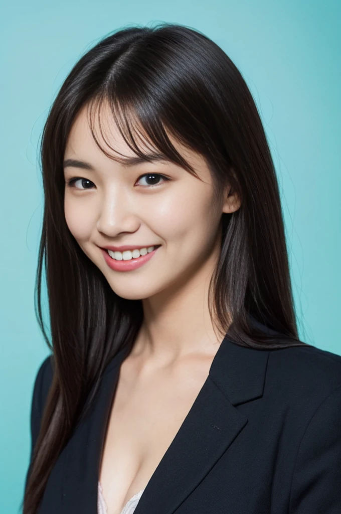 ((Photo for ID,whole body))、(Uniform jacket、Detailed bra、Black Hair、True Face)、Cute Japanese Woman、18-year-old、Young girl、Light Blue Background、Turn your body forward、smile、blank space above head
