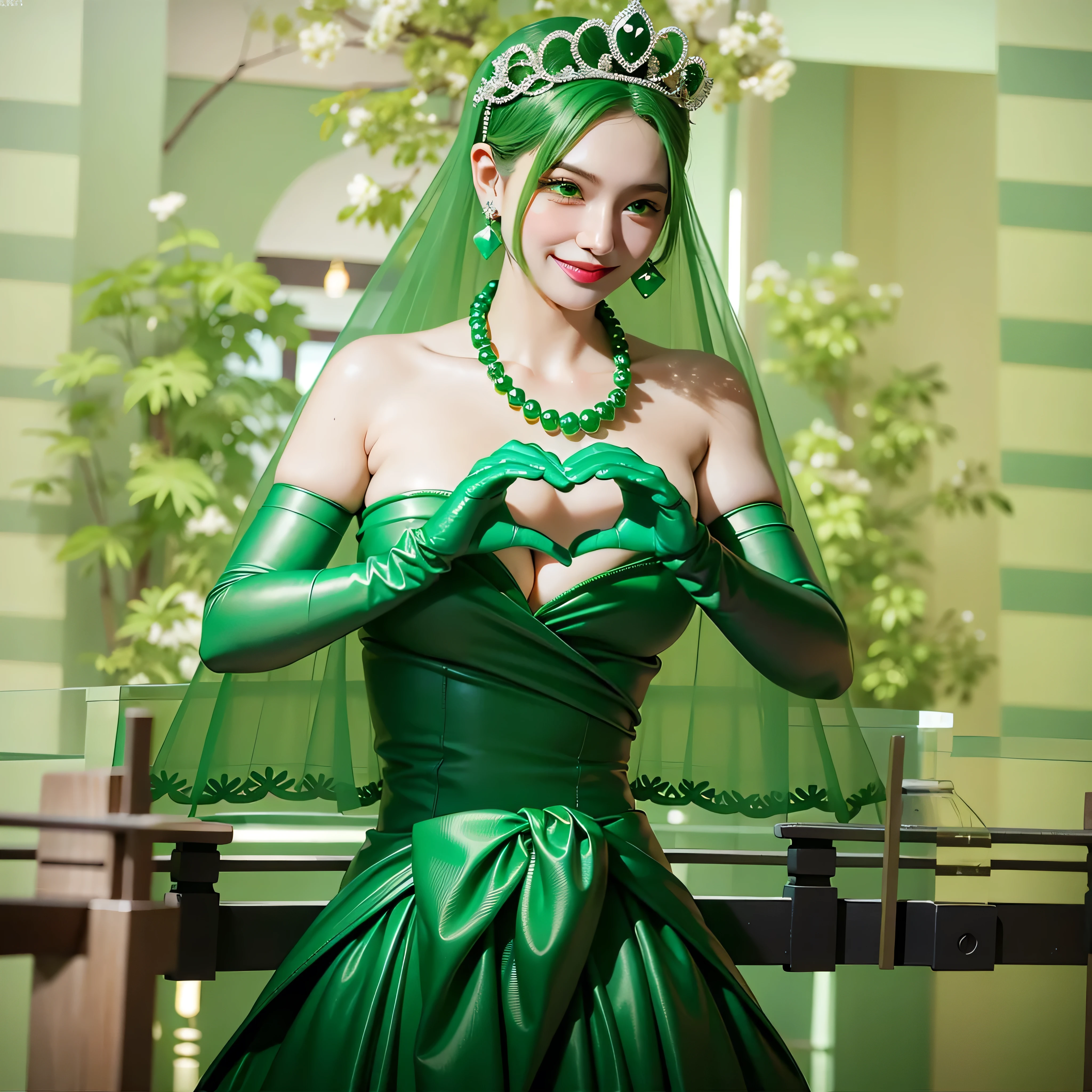 Emerald tiara, Green Pearl Necklace, Boyish very short green hair, Green Lips, Smiling Japanese woman, Very short hair, Busty beautiful lady, Green Eyes, Green satin long gloves, Green Eyes, Emerald Earrings, Green veil, Heart with both hands, Green Hair, Beautiful Japanese Women, Heart shaped hands:1.3, green lip gloss