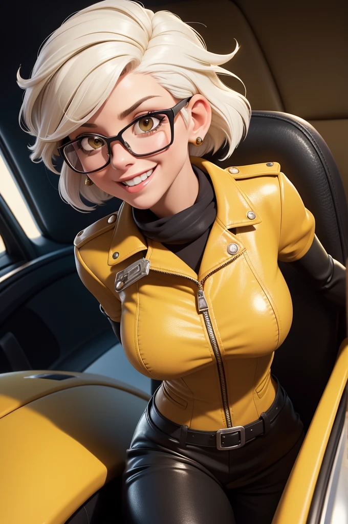 obra prima, melhor qualidade, (kat timpf 70yo) head back, big side smile, open mouth, short bleach white punk hair, black plastic glasses, leather rodeo queen outfit, nipples, (shiny lime green leather,) studs zippers snaps, shiny leather gloves, body is skinny, reclining in car seat, arched back, hips twisted, stick shift, overhead camera view, looking down at me, shallow depth of field, highres, HD, 8k, anatomically correct