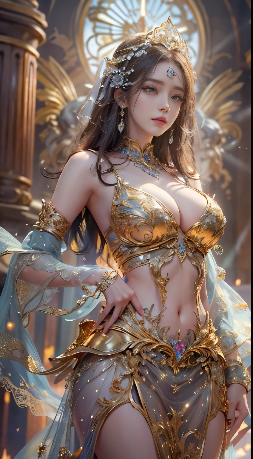 Woman in a golden transparent dress,view the viewer,(((Huge breasts, Large cleavage))),Slim waist,(navel baring,Bare waist), Long hair, Ultra-detailed details,High-end Zhenyi station, Rainstorm site, detailed fantasy art, Stunning character art, Beautiful and exquisite character art, Beautiful gold and silver armor, Extremely detailed, Girl in shiny armor, Exquisite tiaras and jewelry,Crystal jewelry filigree, milky ways, Stunning visuals, (dynamic streaks, light tracks:1.2), Vibrant colors,