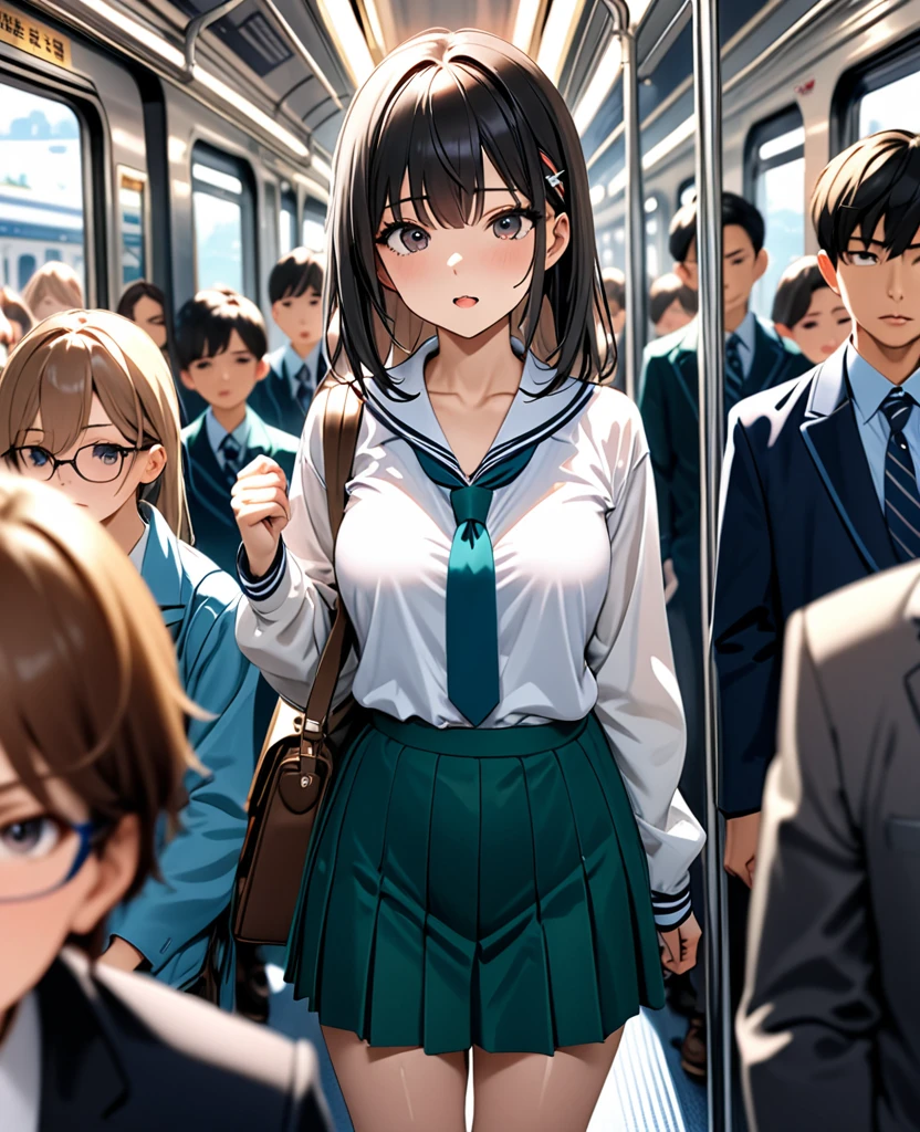 (highest quality、Masterpiece、Very detailed、4K)、One Woman、Primary school students、take a train、crowded train、(Fully booked)